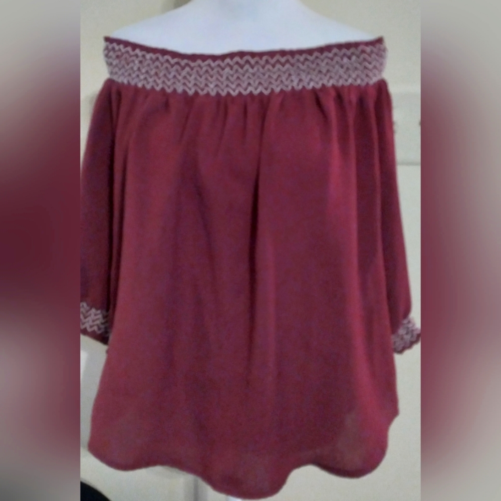 Maurices Burgundy Off the Shoulder Top With White Embroidered Detail Size S